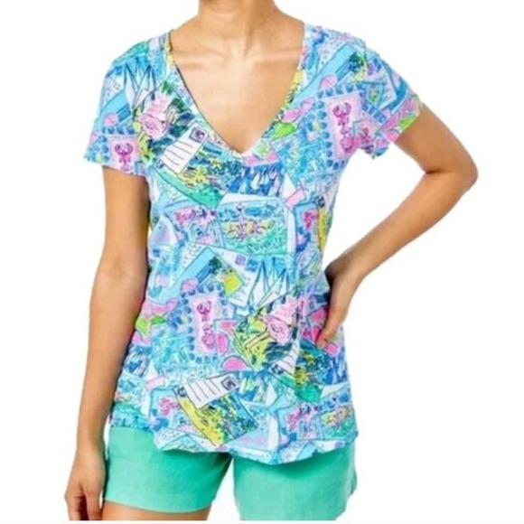 Lilly Pulitzer Tops - Lilly Pulitzer Etta I Wish You Were Here Multi V Neck Tee Shirt Size S NWT Vacay